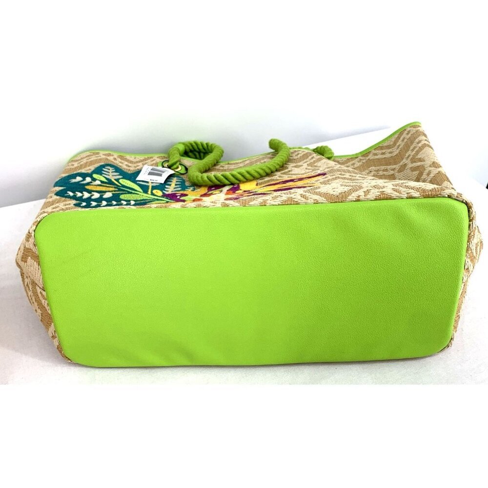 Vera Bradley Large Embroidered Floral Straw Beach Tote Bag Lime Green Purple NWT - Picture 7 of 9